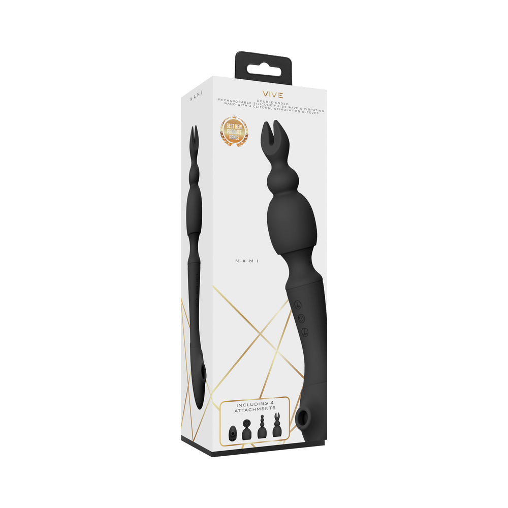 VIVE NAMI Rechargeable Dual-Ended Pulse Wave & Vibrating Silicone Wand With Interchangeable Sleeves Black